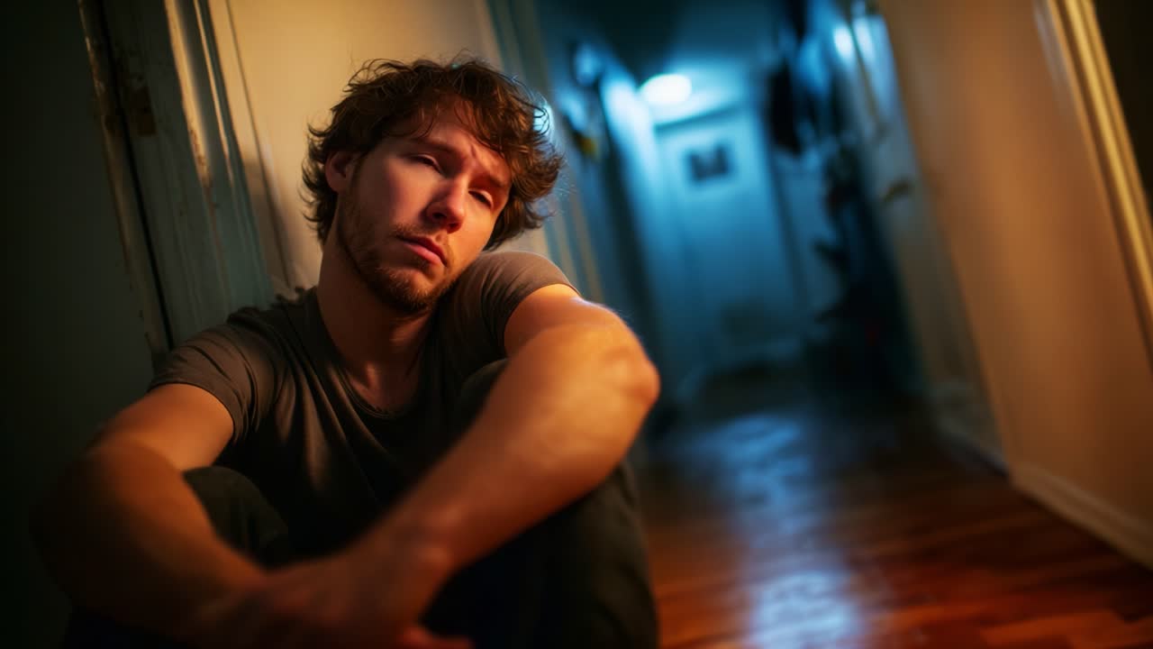 A contemplative moment in a dimly lit hallway as a young man sits pensively on the floor, lost in thought, reflecting on life and its challenges in solitude
