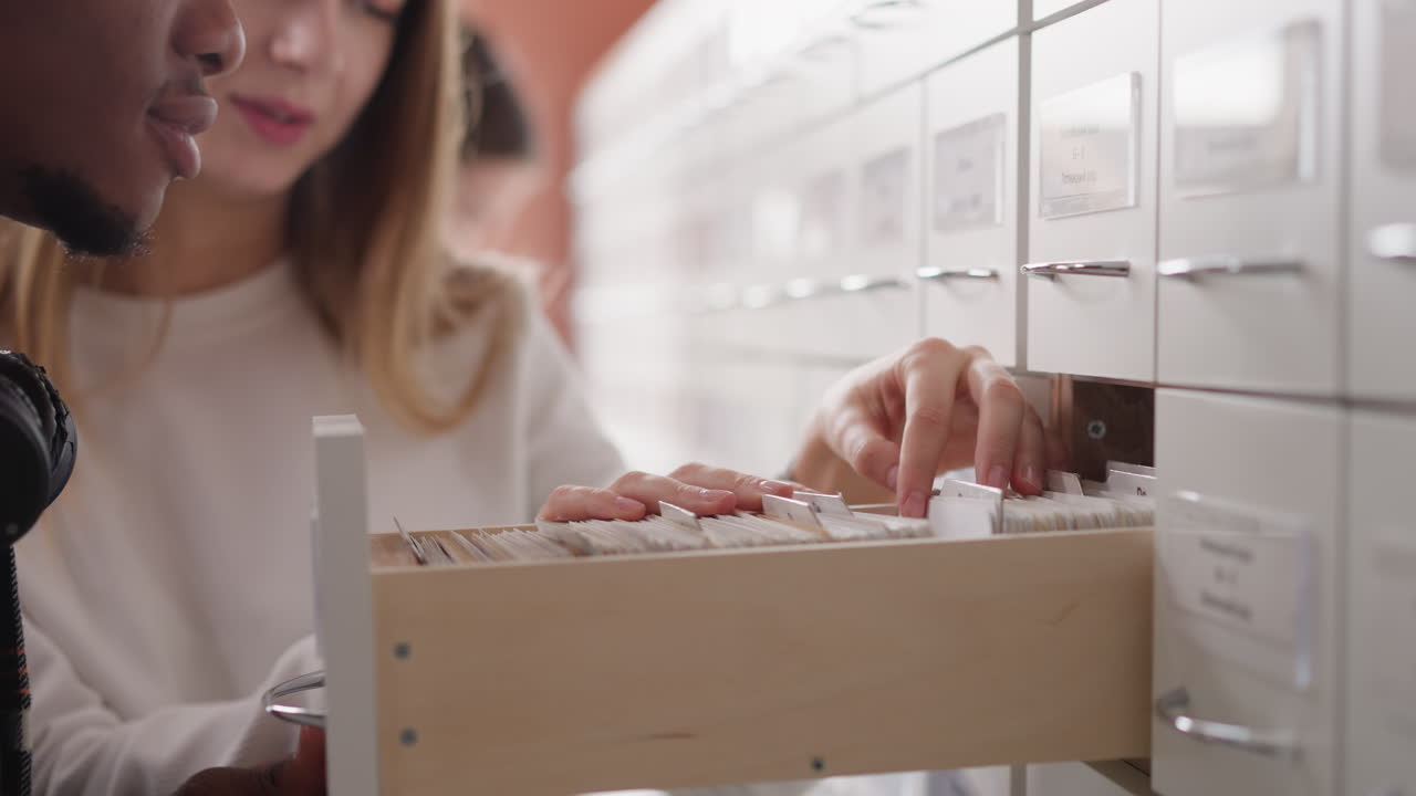 도서관 관리자는 카드 인스에서 데이터를 찾는 데 남자를 도와줍니다. 여자는 서랍에서 아카이브 정보를 탐색하는 데 남자를 지시하는 역할을합니다. 데이터를 검색합니다.