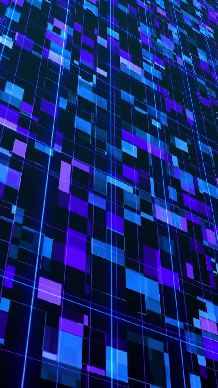 Abstract Digital Grid with Moving Blue and Purple Squares