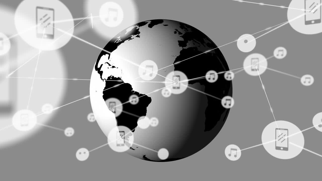 Animazione di icone di musica e telefono collegate con globo che ruota su sfondo bianco