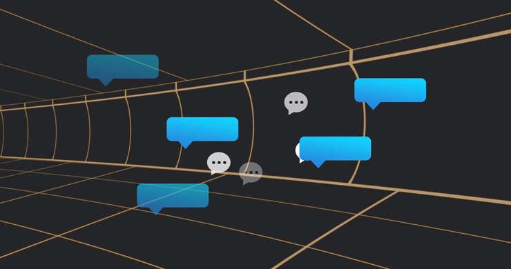Blue chat icon appearing in grid tunnel drifting bubbles clustering fading showing message flow