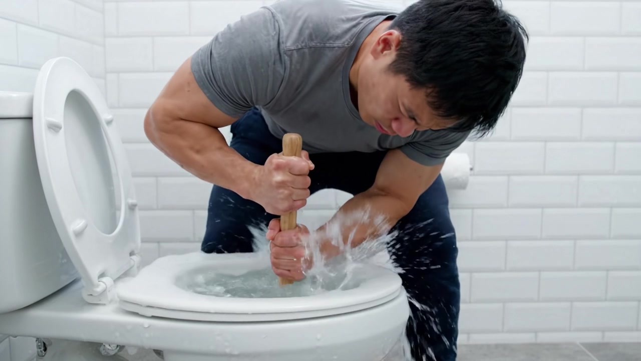 A Man Using a Plunger to Unclog a Toilet: Step-by-Step Process of Bathroom Maintenance with Focus on Effective Plumbing Techniques