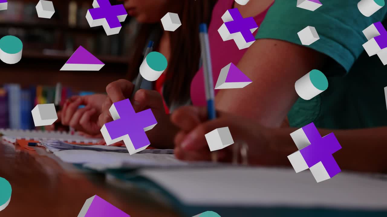 Female students scribbling notes in library causing animated 3D shapes drifting and shifting colors