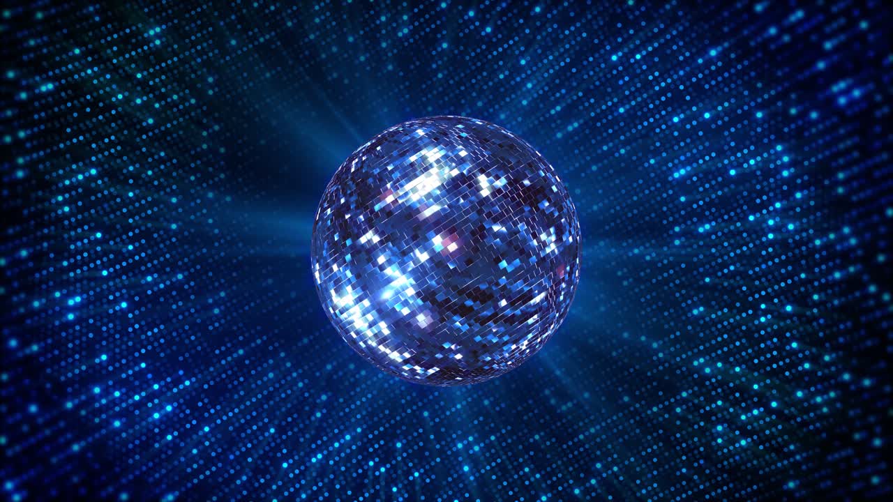 Neon blue disco ball loop 4k background 3d disco ball shiny glitzy rippling particles mirror effect