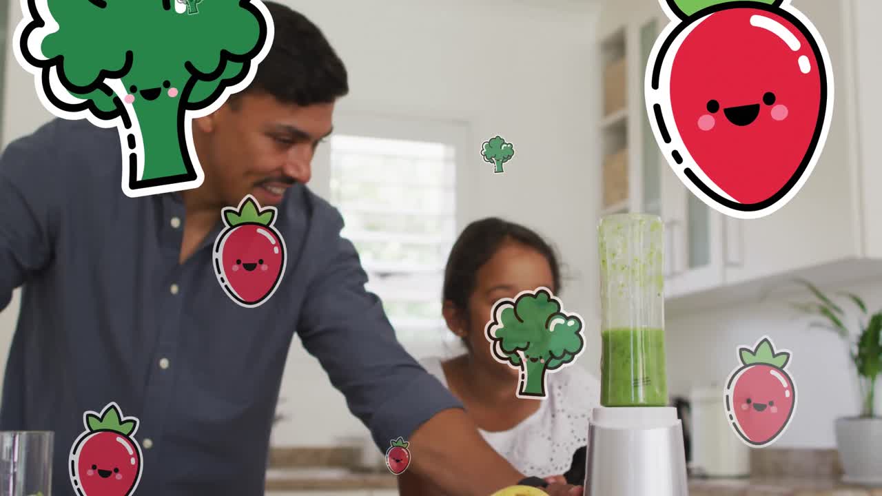 행복 한 아시아인 아버지 와 딸 이 집 에서 건강 음료 를 준비 하고 있는 채소 의 애니메이션