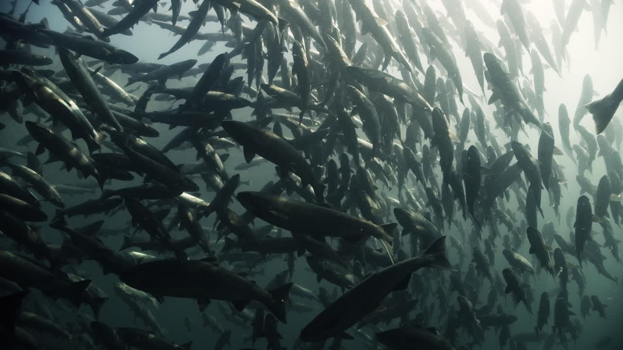 Large school of sockeye salmon, still displaying its silver ocean colour, in a cold water river in the Pacific Northwest in Canada,