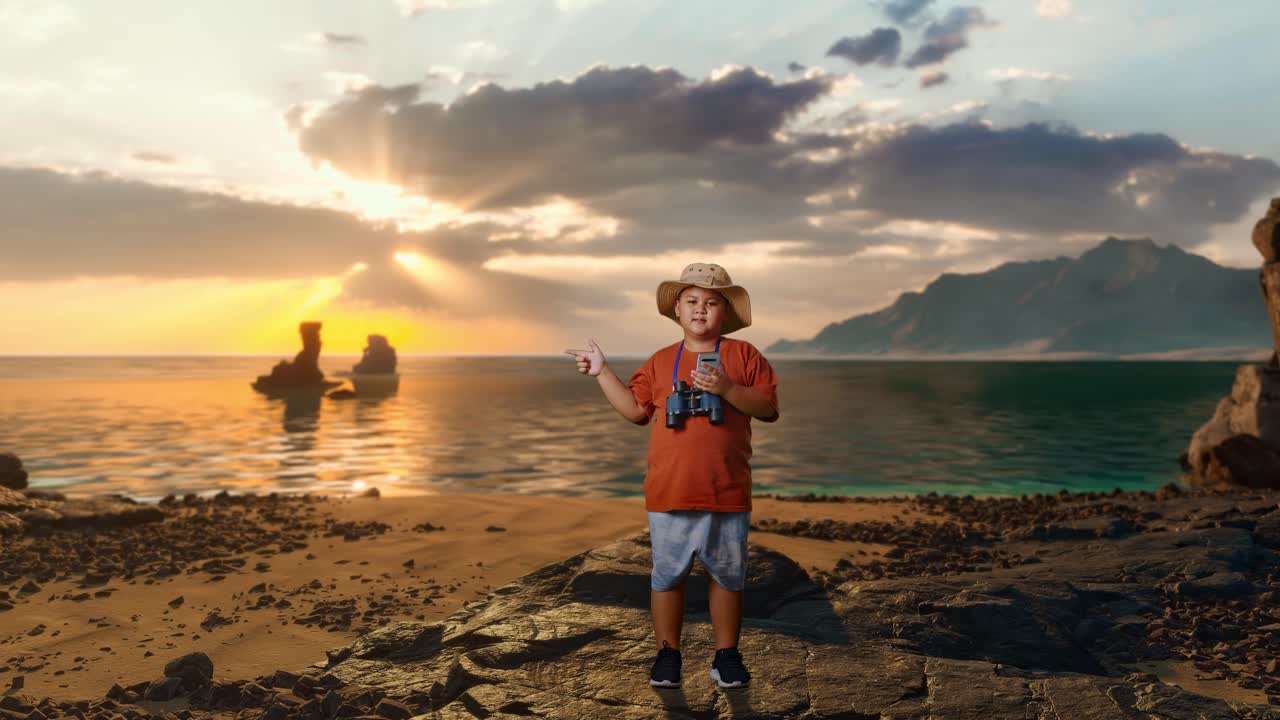 Anak laki-laki Asia memakai topi dan teropong melihat ponsel pintar lalu tersenyum dan menunjuk ke samping di pantai. Peneliti anak laki-laki memeriksa sesuatu, petualangan perjalanan, seluruh badan
