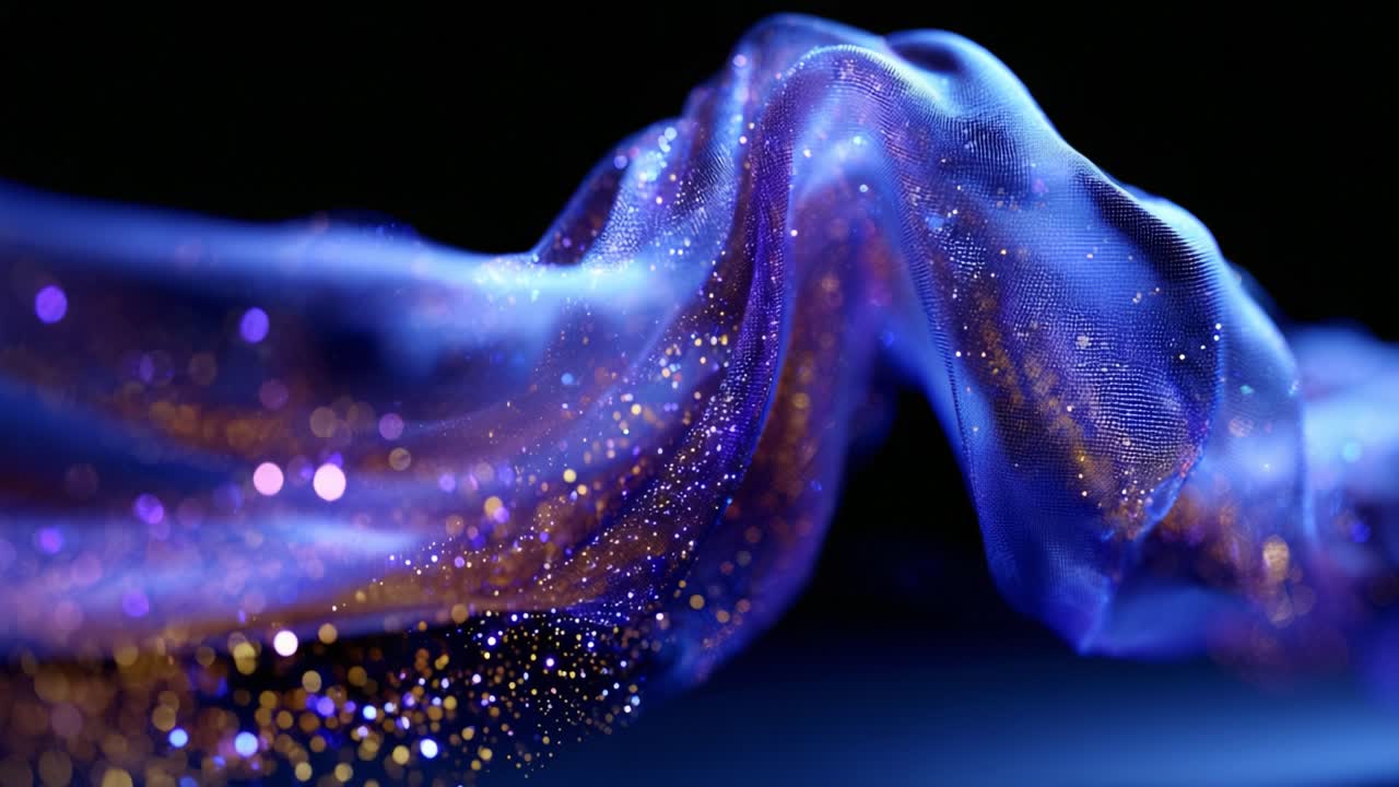 A Captivating Display of Ethereal Fabric Flowing Gracefully Through the Air, Illuminated by Dazzling Particles of Light that Creates a Spellbinding Visual Atmosphere