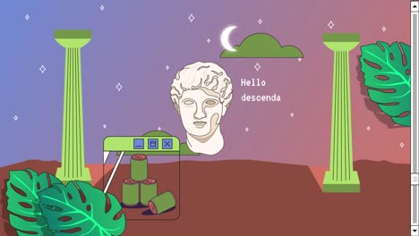 retro vaporwave poster with user interface elements and vintage illustrations. cartoon roman antique statue. abstract gradient aesthetic background. 2d animation.