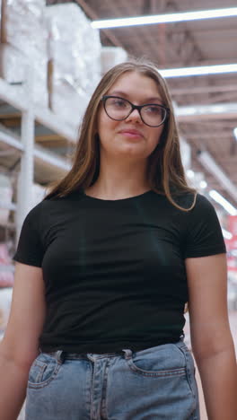joven elegante con camiseta negra y gafas caminando por el pasillo de la tienda, navegando por los productos en los estantes mientras mira a su alrededor, iluminación de venta al por menor brillante y entorno organizado de supermercado en el fondo