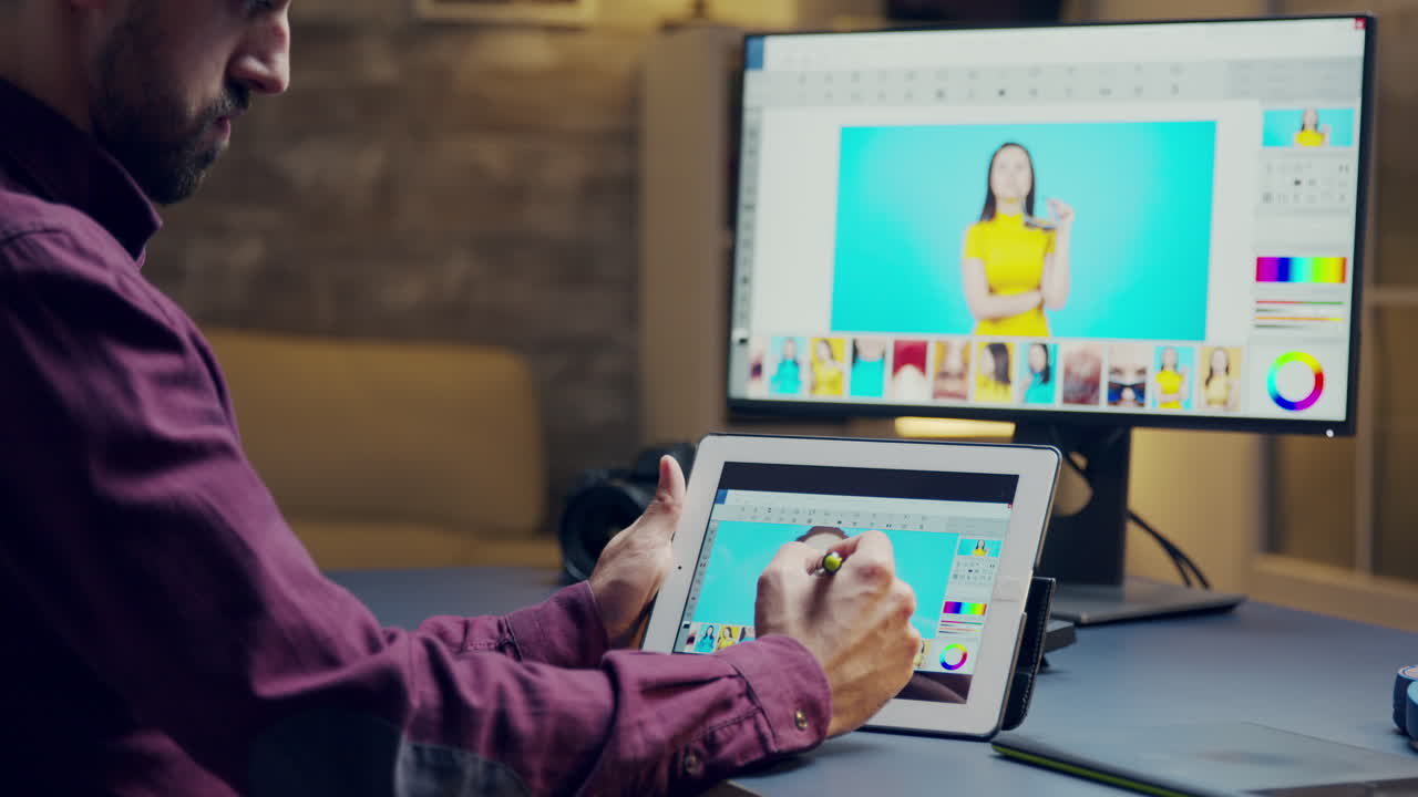 fotógrafo retocando detalles en una foto usando una tableta