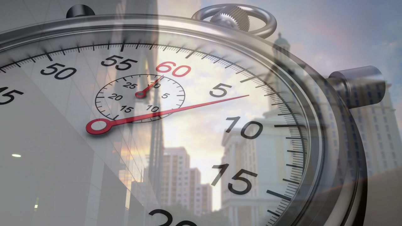 Large stopwatch face sweeping city skyline, red hand moving clockwise, timer-triggered for business