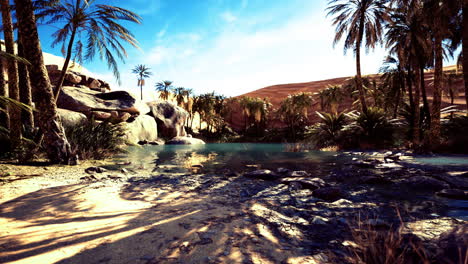 tranquil oasis surrounded by palm trees under clear blue sky in desert