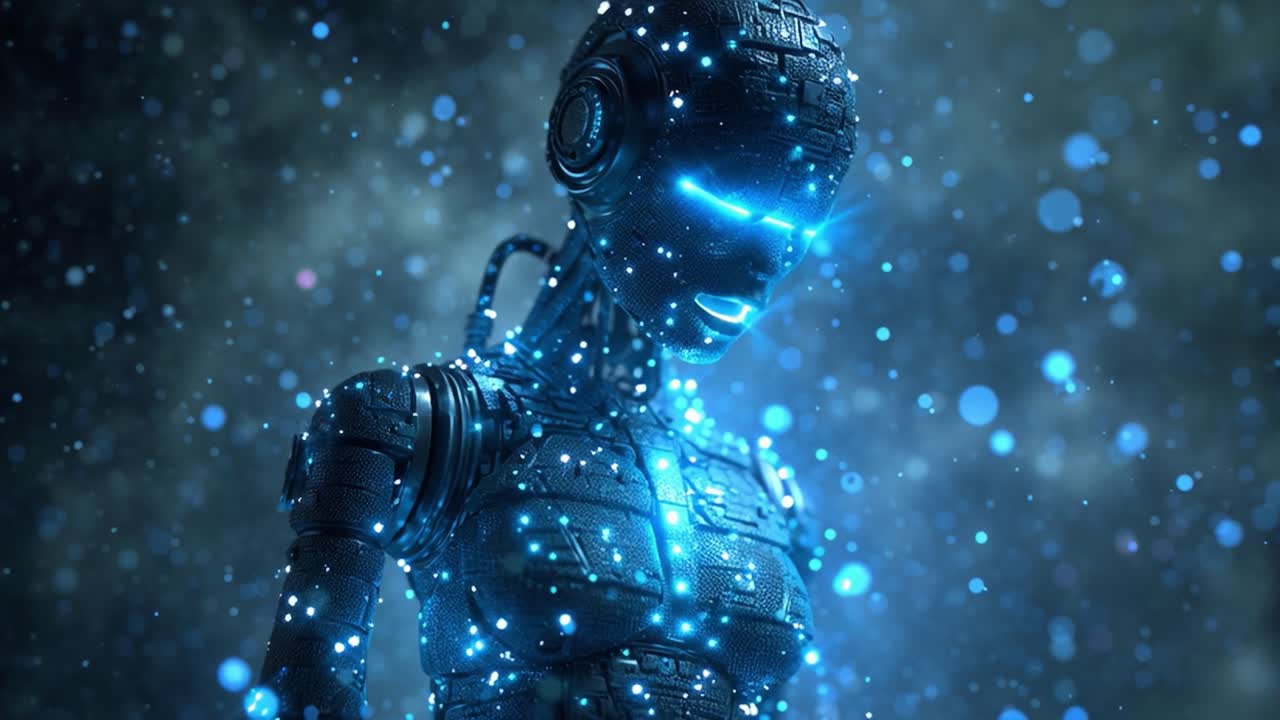 A futuristic cybernetic humanoid figure illuminated by vibrant blue lights and surrounded by a dynamic, sparkling atmosphere, merging technology and organic elements in a visually stunning scene
