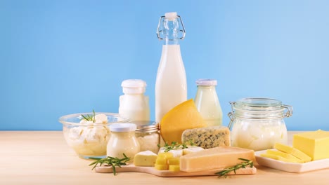 assorted dairy items arranged on a table