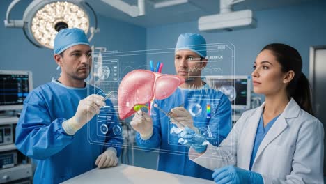 medical team analyzes 3d hologram of human liver during surgical operation, showcasing advanced technology and collaboration in healthcare
