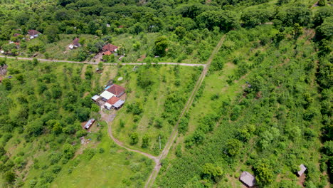 Vista-Superior-De-Las-Estructuras-De-La-Casa-Rodeadas-De-Bosque-Verde-En-El-Oeste-De-Bali,-Indonesia