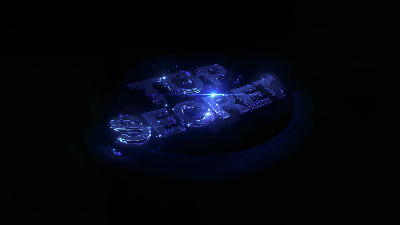 Spostamento della telecamera che rivela il badge blu neon TOP SECRET che si posa su una piattaforma arrotondata, centrando l'emblema