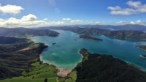 Aerial shot flying over the Kenepuru Sound near Goulter Bay, in the Marlborough sounds, New Zealand