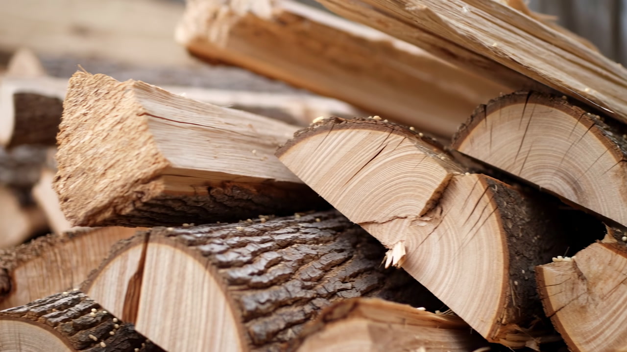 Close Up Split Logs Stacked Outdoors, Sawn Hardwood Pieces Arranged In Neat Pile, Rough Bark And Smooth Grain