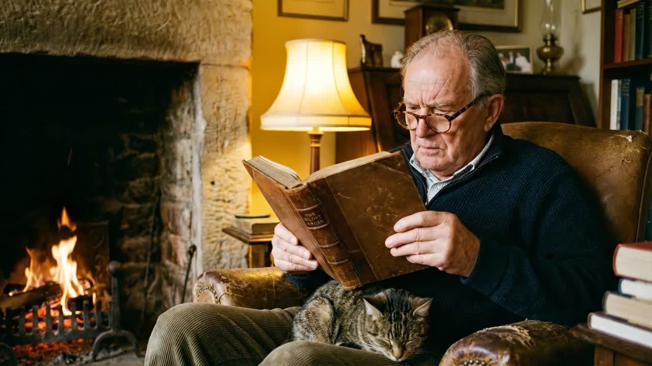 Uomo che legge un libro accanto al camino con un gatto
