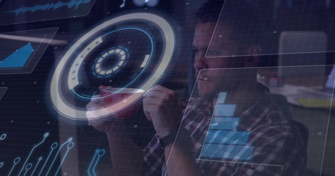 Tech engineer picking up red prototype, inspecting then swiping midair controlling holographic HUD