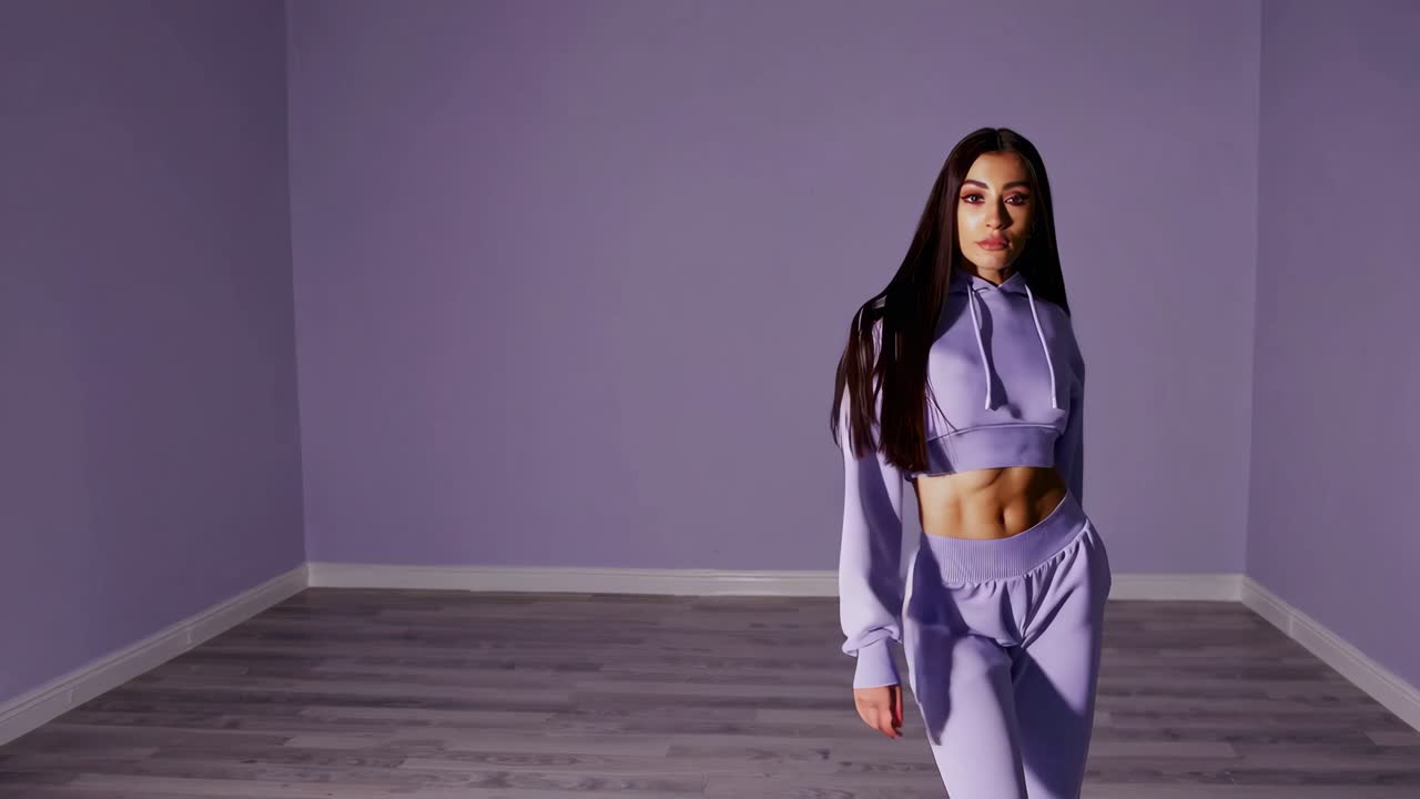 una mujer en traje púrpura bailando.