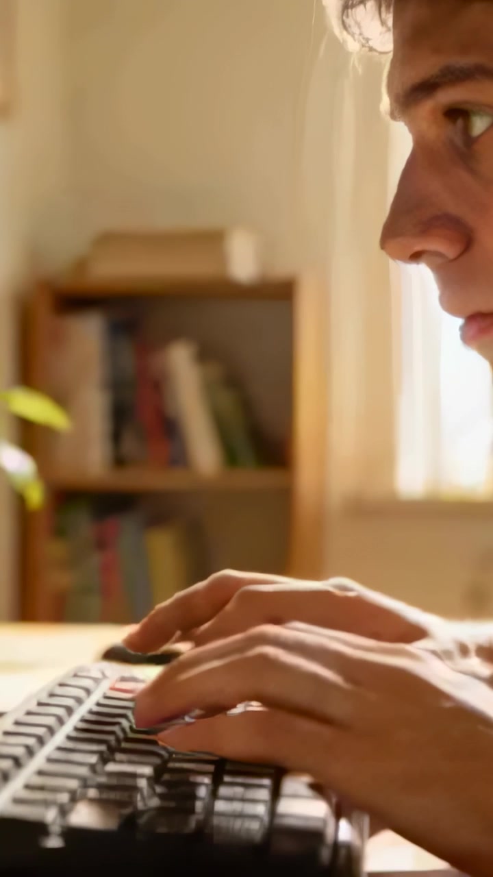 Vertical video: Typing teen at home desk by window on black keyboard in light tee doing homework