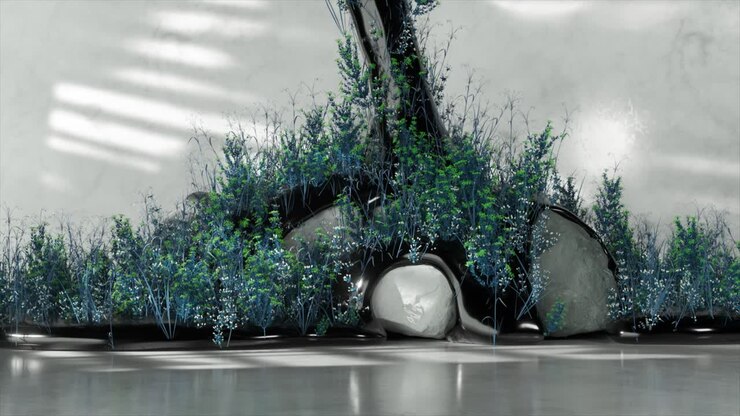 Abstrakt 3D-renderet stilleben med planter og sten