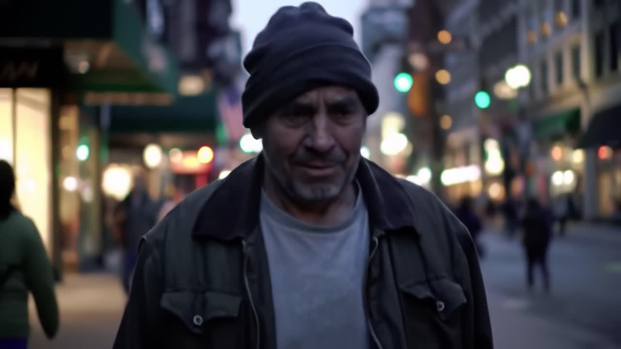 A man walks on a busy city street as daylight fades into evening, surrounded by people and shops. His expression evokes thoughtfulness amidst urban life.