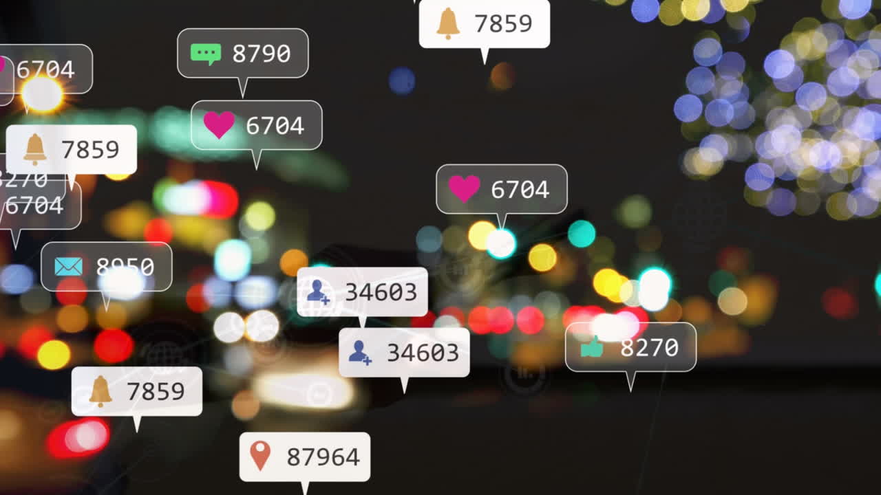 animación de iconos de redes sociales y conexiones en la ciudad