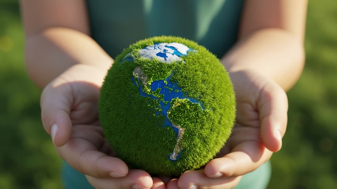 Holding a green globe with a map made of grass symbolizes the importance of environmental conservation in nature
