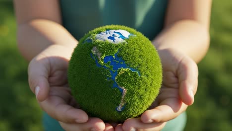 holding a green globe with a map made of grass symbolizes the importance of environmental conservation in nature