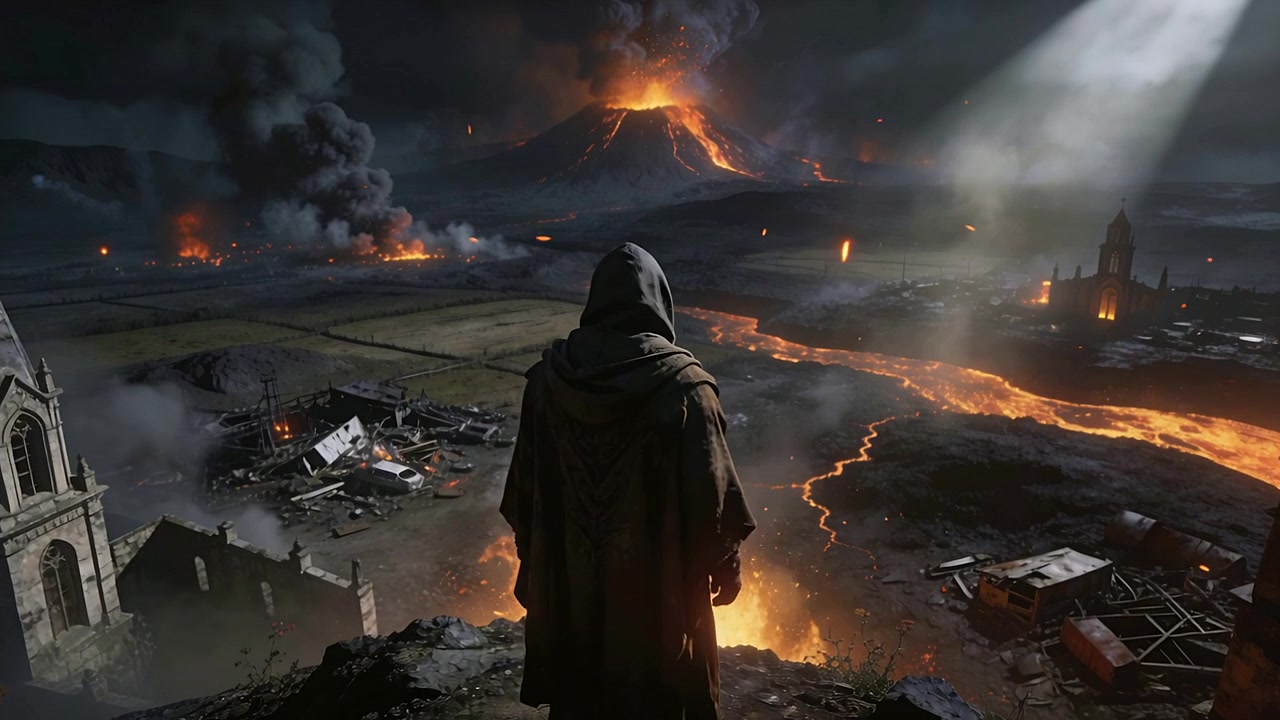Figura incappucciata in piedi che osserva un vulcano in eruzione dal bordo di una scogliera, con fiumi di lava e una chiesa.