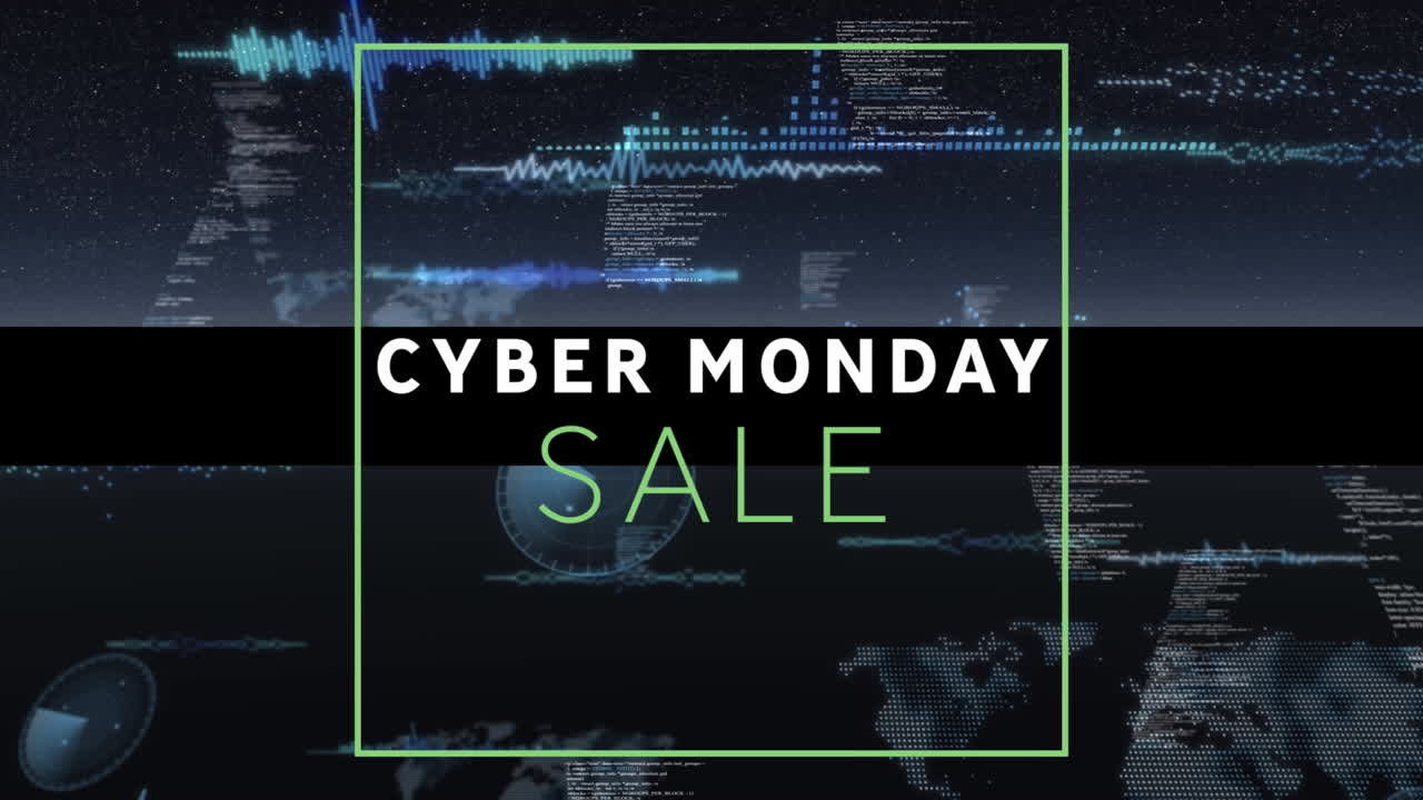 Digital animation of cyber monday text banner against multiple round scanners and data processing