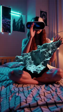 young woman exploring a virtual landscape with a vr headset in her bedroom