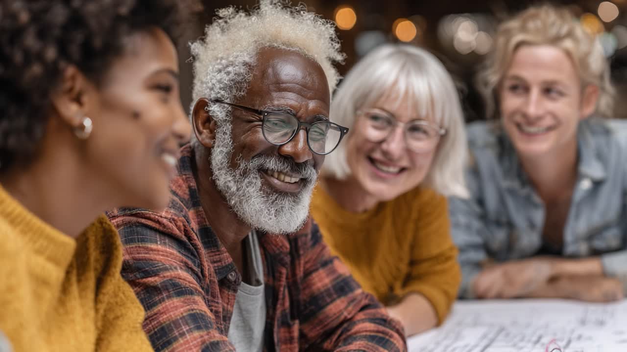 Engaging Collaboration: A Diverse Group of Friends Sharing Ideas and Laughter Around a Table in a Creative Environment