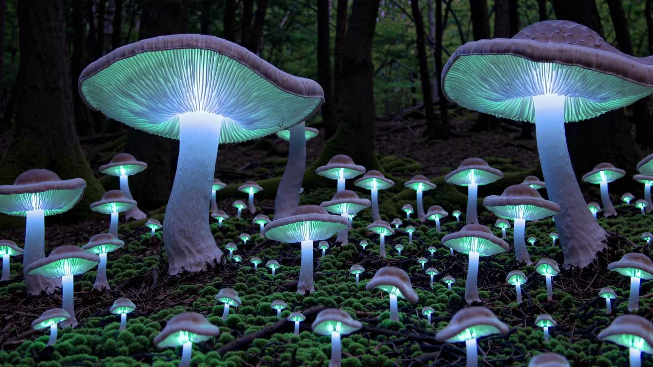 Funghi luminosi in una foresta mistica