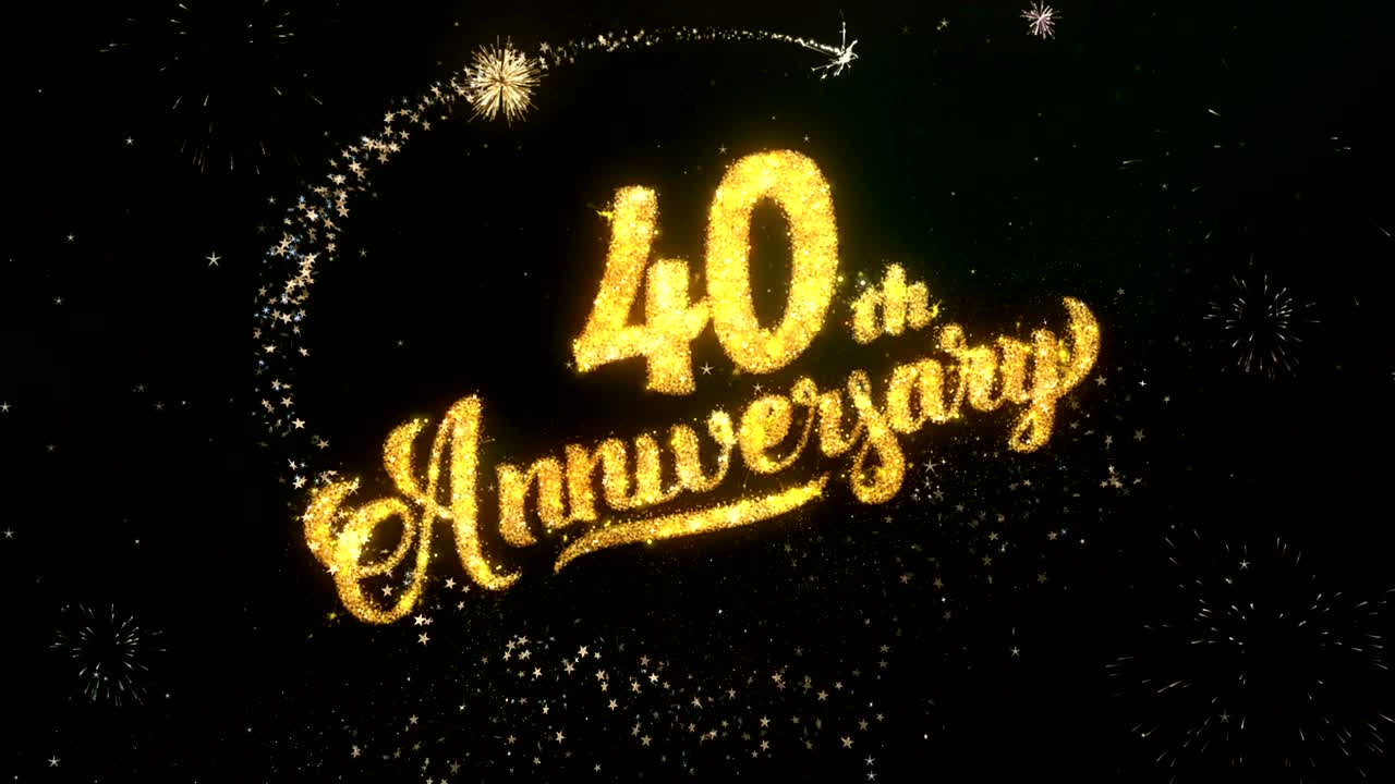 40주년 축하와 소원 카드는 반이는 입자와 반이는 빛, 어두운 밤 하늘과 다채로운 불꽃놀이 4k 배경으로 만들어졌습니다.