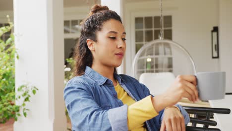 Video-De-Una-Mujer-Birracial-Usando-Una-Computadora-Portátil-En-El-Jardín