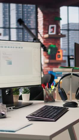 vertical video computer screen in empty software development agency showing code