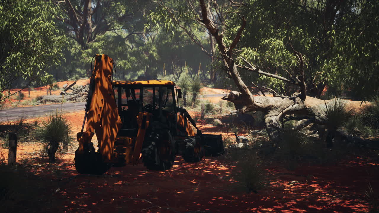 덤불 숲 에 있는 발굴기 트랙터