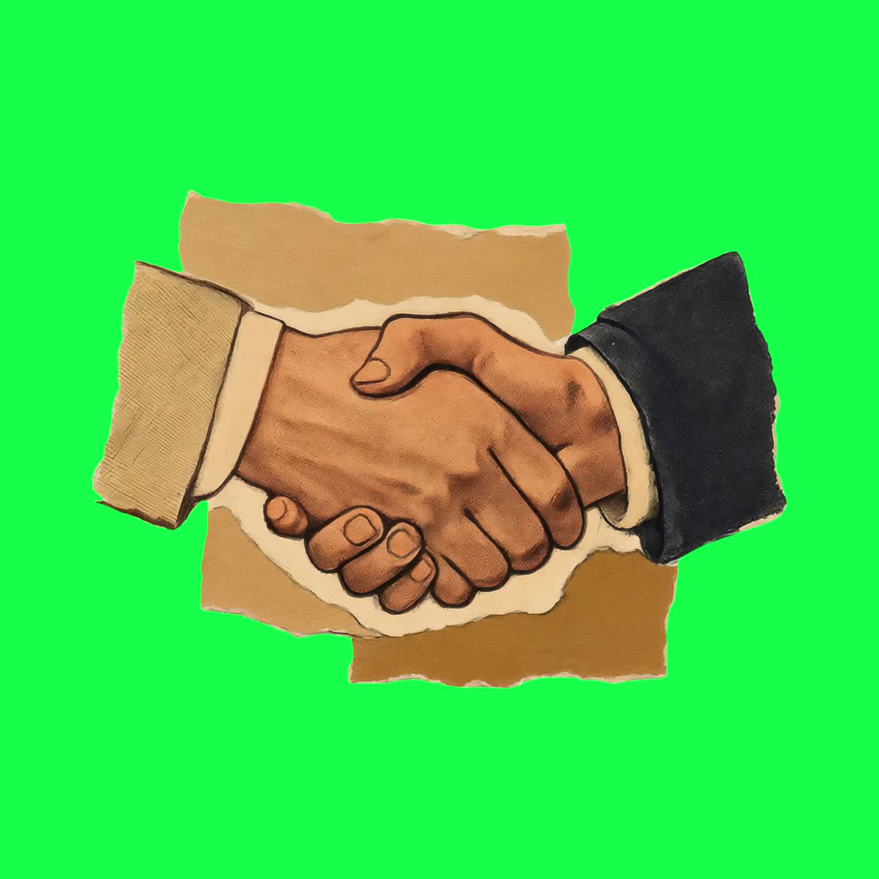Vintage handshake collage art animation, transparent 4K video, green screen