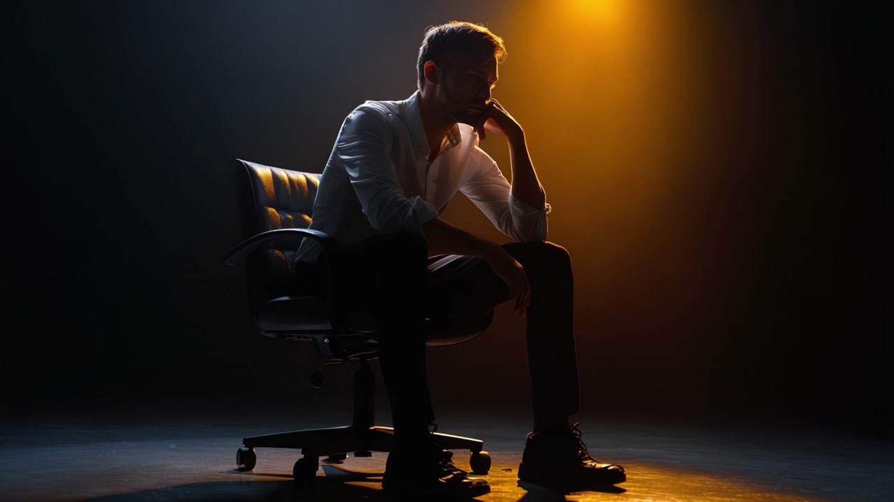 Un uomo pensieroso seduto in una stanza buia illuminata da luce calda, che contempla la vita mentre riflette pensieri profondi in una posa riflessiva durante un momento di quiete