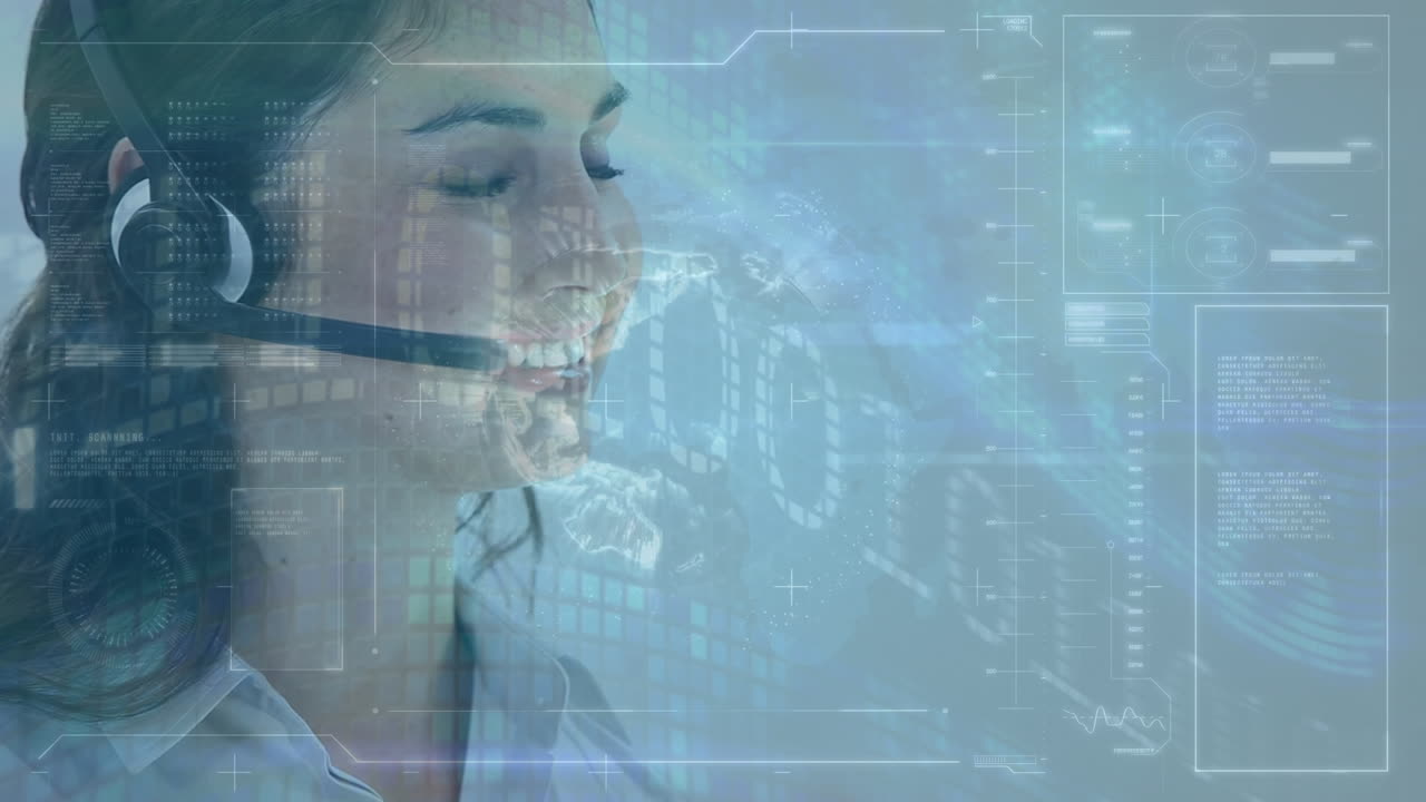 Interfaccia digitale con elaborazione di dati su responsabile caucasica del servizio clienti al lavoro.
