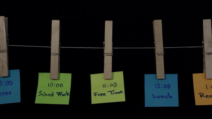 Attività della routine quotidiana annotate su adesivi colorati appesi a bastoncini di legno