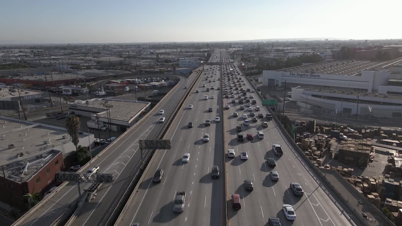 Aerial over freeway in Los Angeles