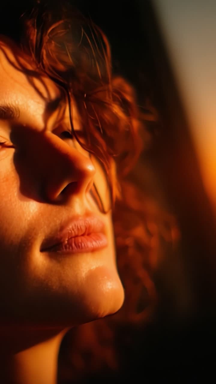 A Beautiful Close-Up of a Woman's Face Bathed in Warm Sunset Light, Capturing Peaceful Emotions and Natural Radiance in an Intimate Moment