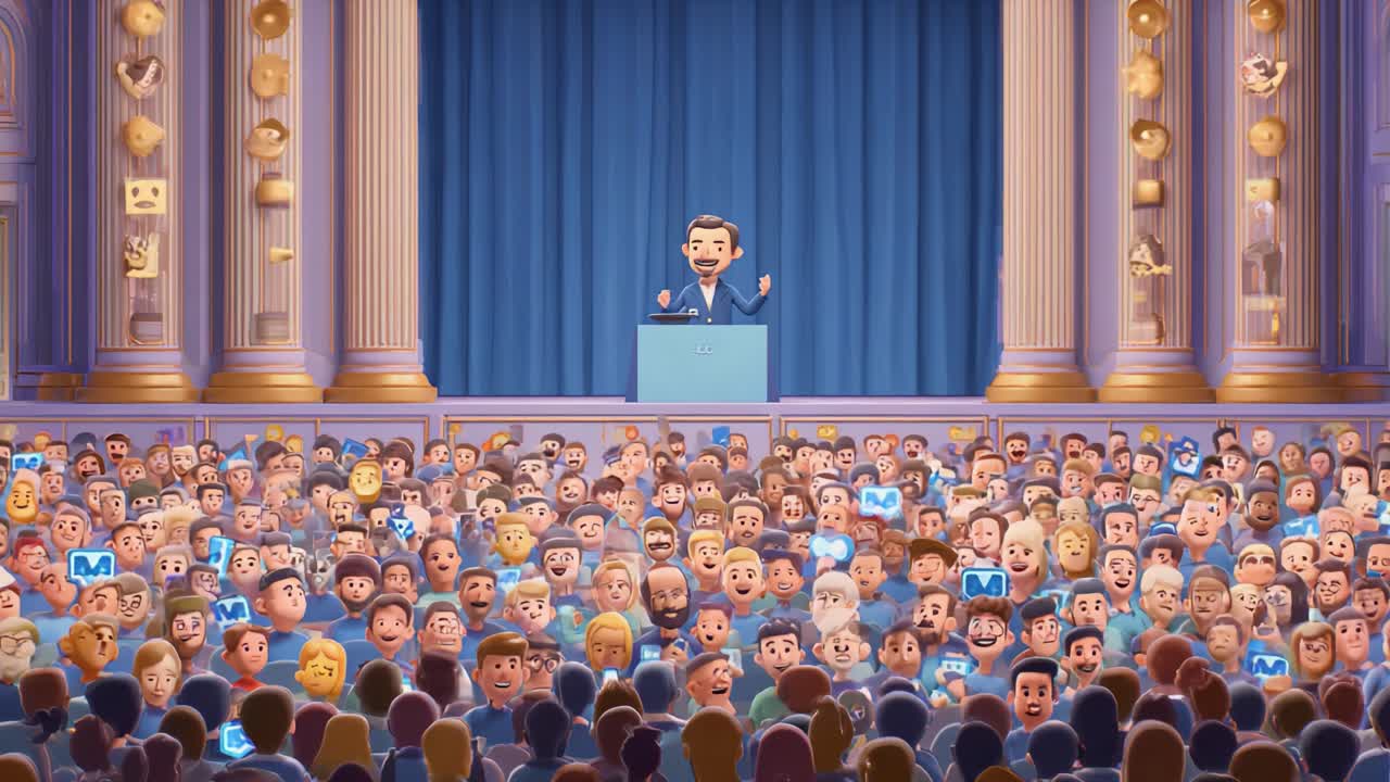 A cartoon scene depicting a dynamic speaker engaging with an enthusiastic crowd in a grand hall, showcasing a blend of animated characters reacting to a presentation about themes of communication and community