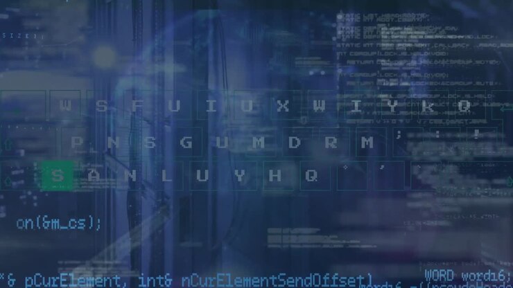 Animation of letters, binary codes over computer language against server room in background
